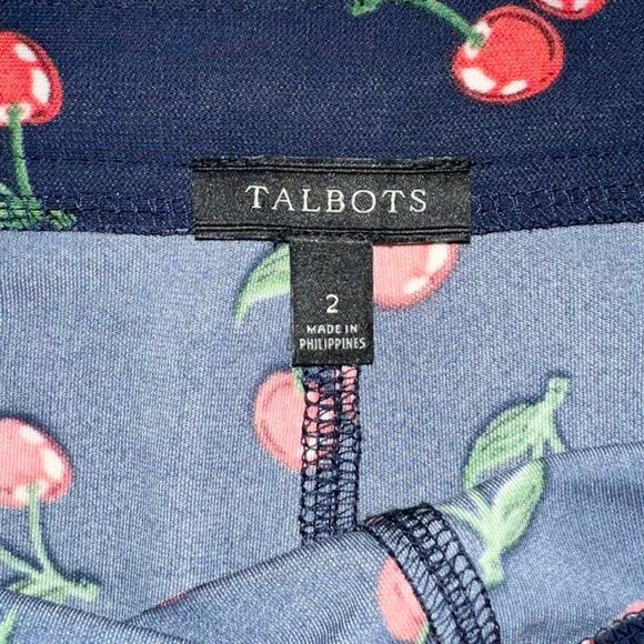 Talbots Navy Blue Cherry Print Retro Knee Length Skirt Size 2 - Picture 2 of 9